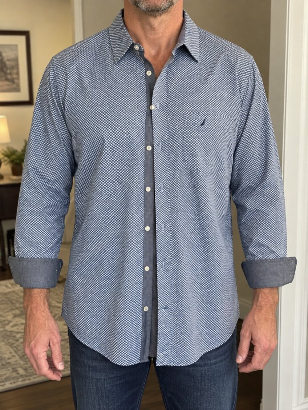 Nautica Men’s 3XLT Blue Geometric Long Sleeve Button Down Shirt